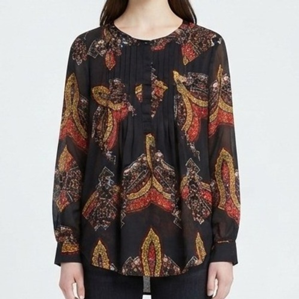 Daniel Rainn Blouse Womens Large Black Paisley Pleated Bib Long Sleeve